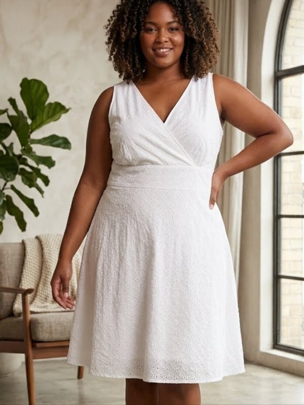 Ashley Stewart White Eyelet V-Neck Midi Dress Sz 18W